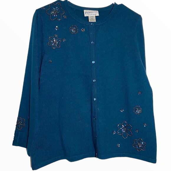 Pendleton Cardigan Silk Cashmere Blend Sequin Floral Embellished Teal Medium - Picture 1 of 4